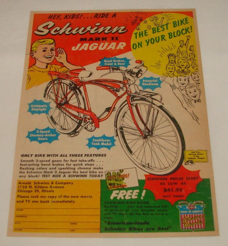 1957 Schwinn MARK II JAGUAR ad~ Best Bike On Your Block  