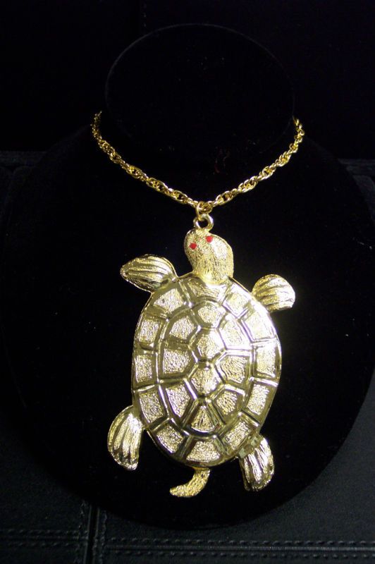 Vintage Large Gold Tone Red Rhinestone Turtle Necklace  