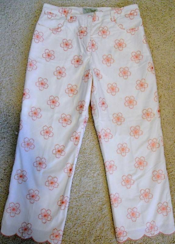 Tori Richard Honolulu Capri White Cropped Pants Pink Embroidered 