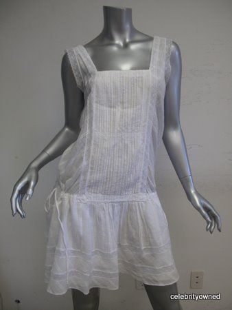 LeRok White Cotton & Lace Sleevless Drop Waist Dress S  
