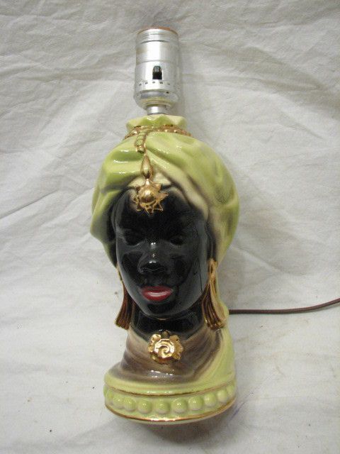 VINTAGE ART POTTERY LAMP EXOTIC BLACK GENIE HEAD TURBAN NATIVE 