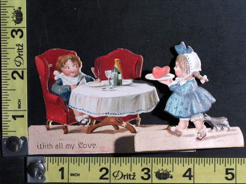 Vintage Valentine Made in Germany   Girl with Heart on Tray & Boy 