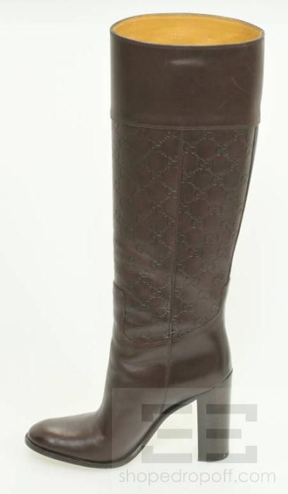 Gucci Brown Guccissima Leather Knee High Heeled Boots Size 8B  