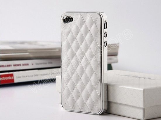 White Deluxe Leather Chrome Hard Case Cover for All Apple iPhone 4S 4G 