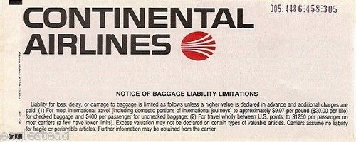 Airline Ticket   Continental   4 Flt   1988 (T177)  