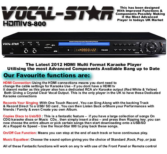 VOCAL STAR 800 HDMI CDG DVD KARAOKE MACHINE PLAYER 2 MICROPHONES 
