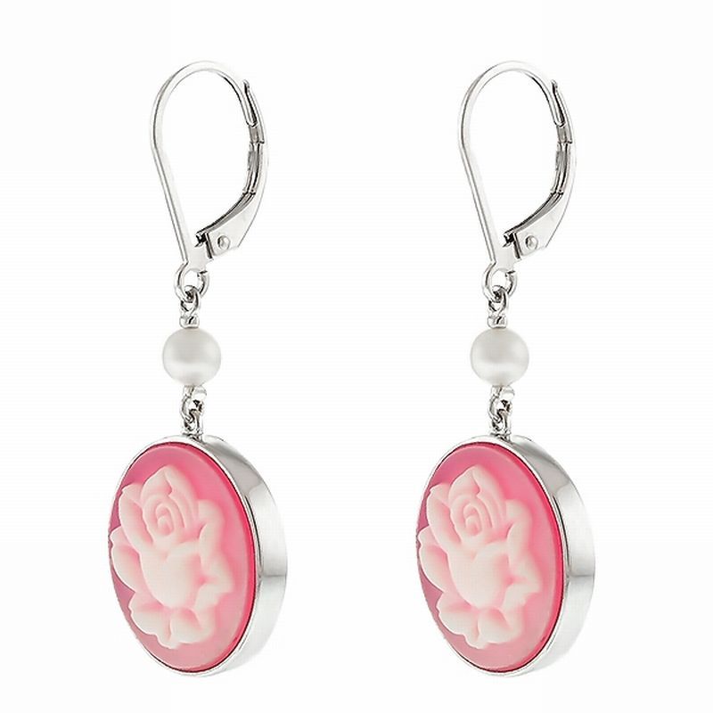 Sterling Silver Pink Flower Cameo Lever Back Earrings With Natural 