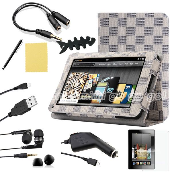 For Kindle Fire  PU Leather Folio Case/Car Charger/USB Cable/Stylus/Ea 